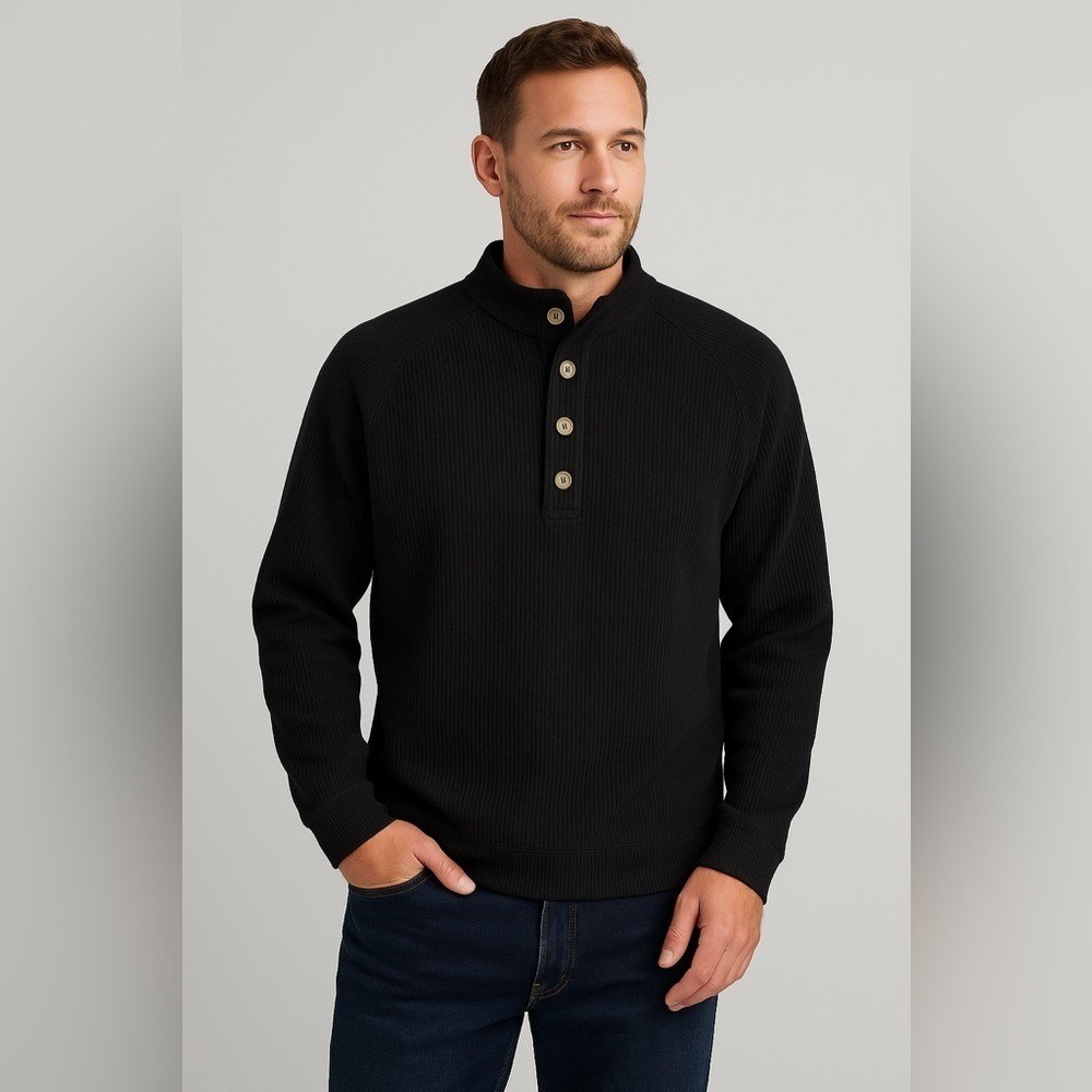 Straight Down Men's XL Black Henley Pullover Sweater Button Neck Fleece